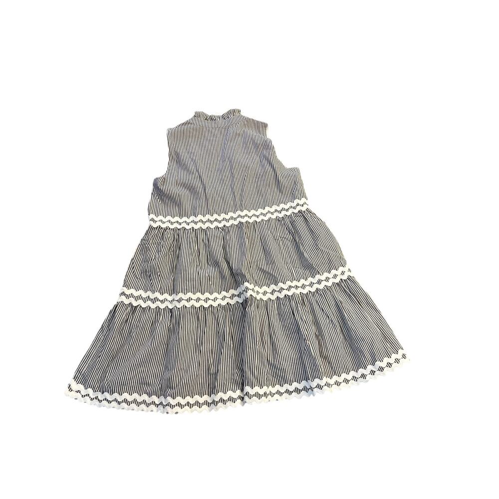 Kuraki Gray & White Striped Tiered Dress Large NWT Sleeveless Ric Rac Trim - Picture 3 of 4